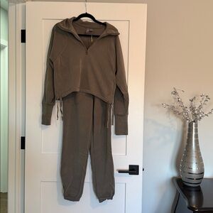 Sweaty Betty Khaki Zip-Up Hoodie and pant sweat suit